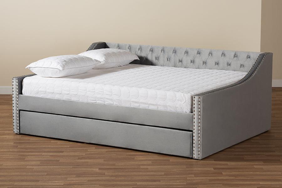 Wholesale Interiors Daybeds - Raphael Grey Velvet Fabric Upholstered Queen Size Daybed with Trundle