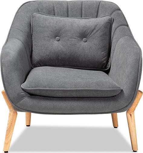 Wholesale Interiors Accent Chairs - Valentina Grey Velvet Fabric Upholstered and Natural Wood Finished Armchair