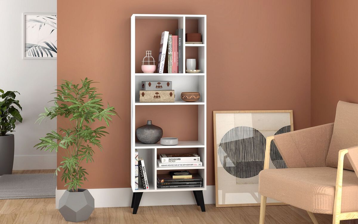 Manhattan Comfort Bookcases & Display Units - Warren Tall Bookcase 1.0 with 8 Shelves in White with Black Feet