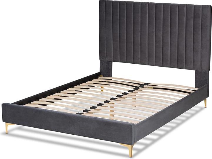 Wholesale Interiors Beds - Serrano Glam and Luxe Grey Velvet Fabric Upholstered and Gold Metal Queen Size Platform Bed