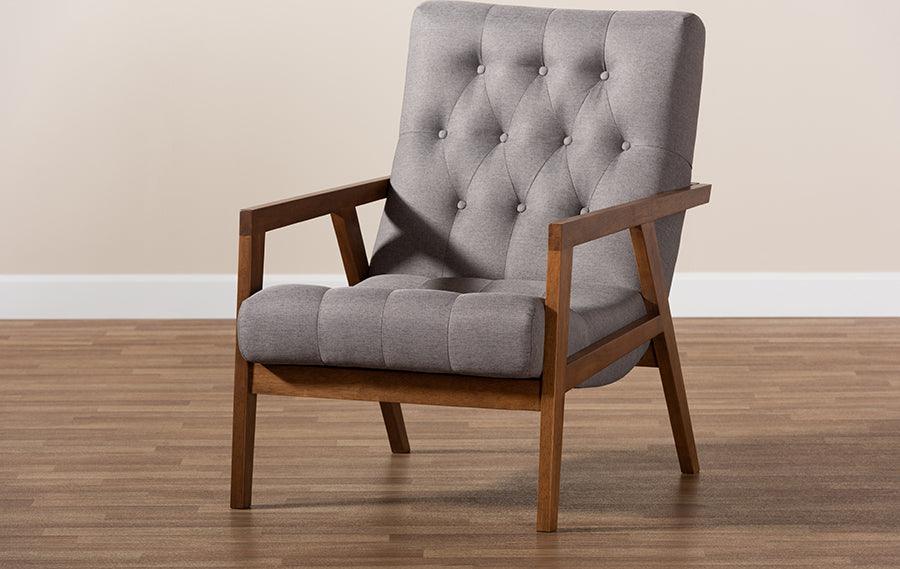 Wholesale Interiors Accent Chairs - Naeva Mid-Century Modern Grey Fabric Upholstered Walnut Finished Wood Armchair