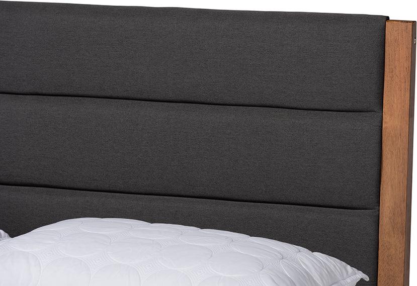 Wholesale Interiors Beds - Jarlan Modern Charcoal Fabric and Brown Wood Queen Size Platform Bed