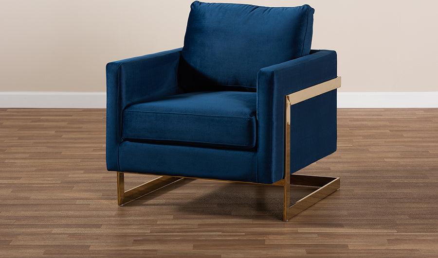 Wholesale Interiors Accent Chairs - Matteo Glam and Luxe Royal Blue Velvet Fabric Upholstered Gold Finished Armchair