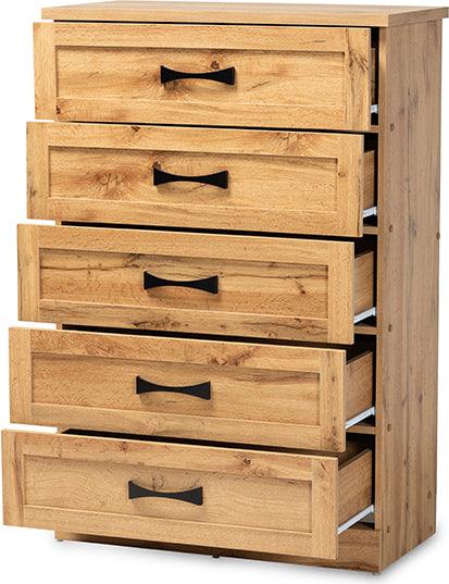 Wholesale Interiors Chest of Drawers - Colburn Oak Brown Finished Wood 5-Drawer Tallboy Storage Chest