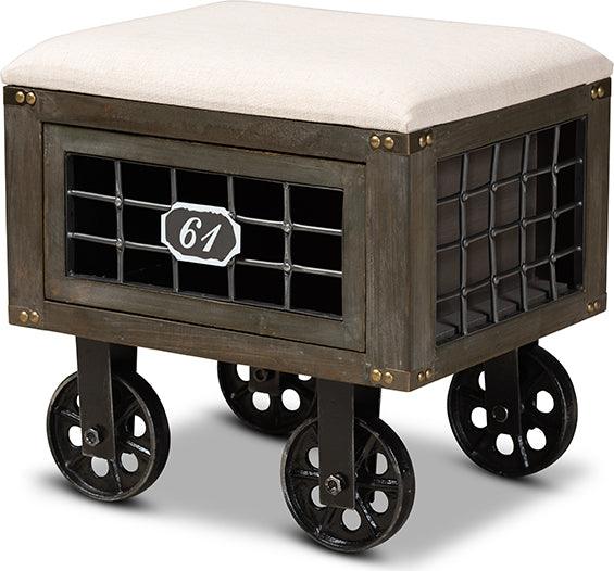 Wholesale Interiors Ottomans & Stools - Harley Transitional Beige Fabric and Black Metal 1-Drawer Wheeled Storage Ottoman