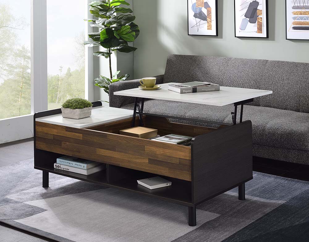ACME Coffee Tables - ACME Axel Coffee Table w/Lift Top, Marble, Walnut & Black Finish