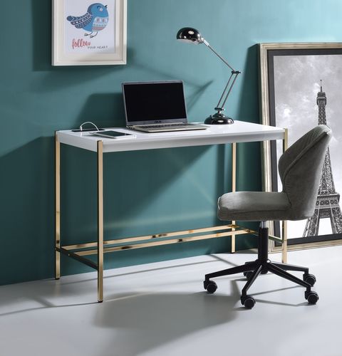 ACME Desks - ACME Midriaks Writing Desk w/USB, White & Gold Finish