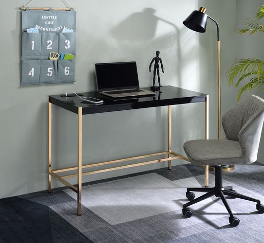 ACME Desks - ACME Midriaks Writing Desk w/USB, Black & Gold Finish