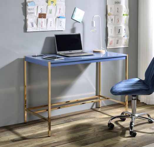 ACME Desks - ACME Midriaks Writing Desk w/USB, Navy Blue & Gold Finish